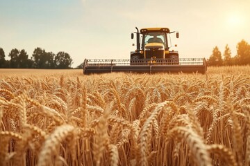 Obraz premium Golden Wheat Field Harvest Modern Tractor Efficiently Collecting Ripe Crops Under Clear Blue Sky