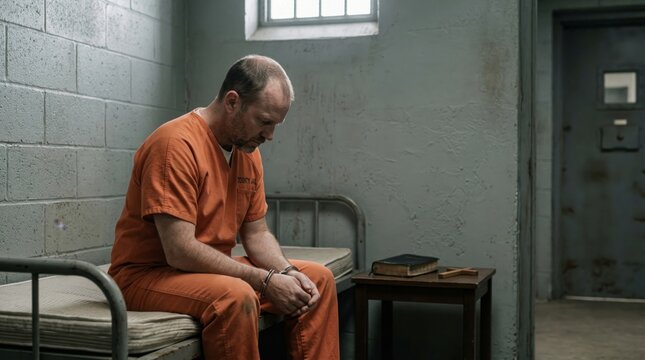 Prisoner sitting on bed in cell with bible and cross. Man in orange jumpsuit praying for faith and redemption. Religious spiritual reflection in jail. Spiritual prisoner concept.