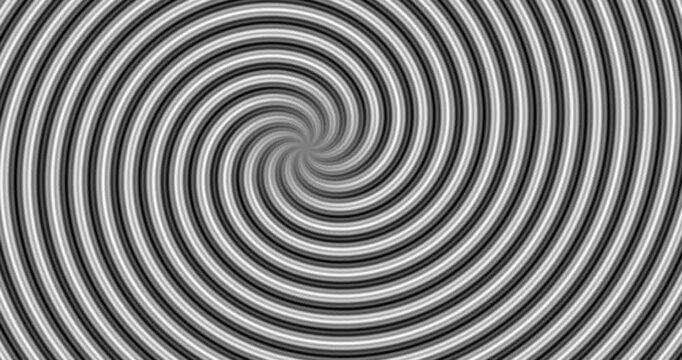 A mesmerizing black and white spiral rotates and expands from the center, creating a powerful hypnotic optical illusion. This dynamic abstract background features concentric stripes that seamlessly sp