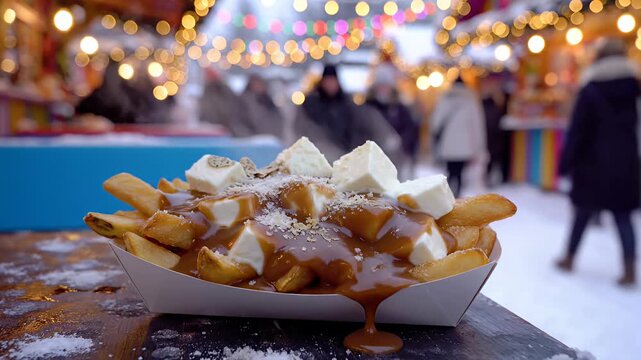 French fries with gravy and cheese at outdoor winter festival