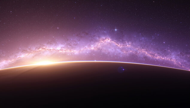 左の地平線の光を強調した宇宙背景イラスト