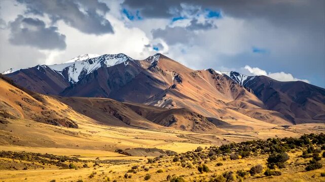 Majestic mountain range with snowy peaks and golden foothills under a cloudy sky