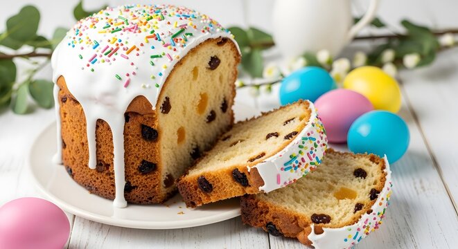 Traditional Homemade Easter Kulich Cake Topped with Sweet White Sugar Glaze and Vibrant Colorful Sprinkles Sliced on a Rustic Table Celebrating Orthodox Holiday Spring Tradition