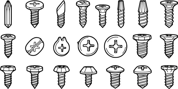 Construction and Hardware Industry Screws and Fasteners Line Art Icons Collection - Vector Outline Set of Various Screw Heads