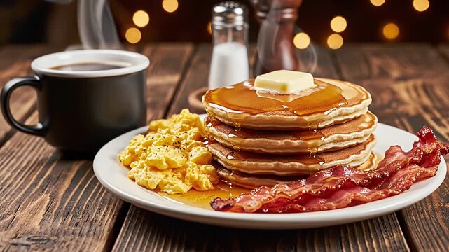 Hearty breakfast with pancakes eggs bacon and hot coffee