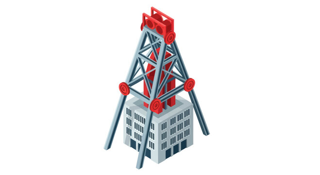 Isometric view of a detailed mine shaft headframe structure.