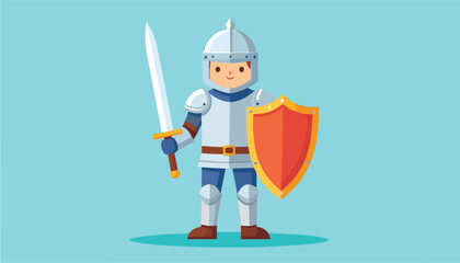 vector A cheerful cartoon knight stands ready for battle, holding a sword and shield against a teal background © Asvara