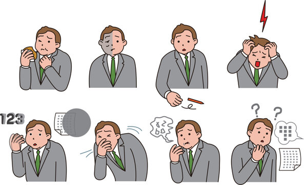 脳などの病気のサイン。頭痛、めまいなど症状があるビジネスマンのイラスト。