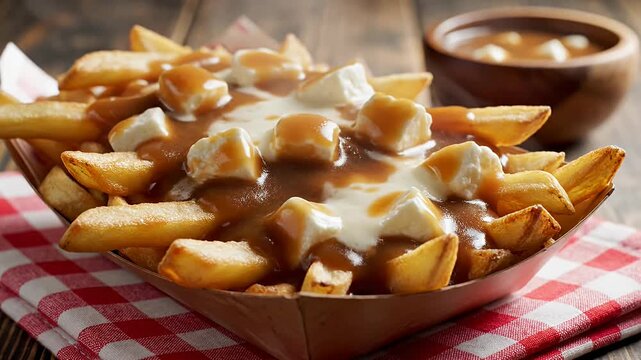 Traditional Canadian poutine with fries cheese curds and gravy