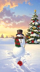 Obraz premium A snowman in a snowy landscape with a Christmas tree at sunset