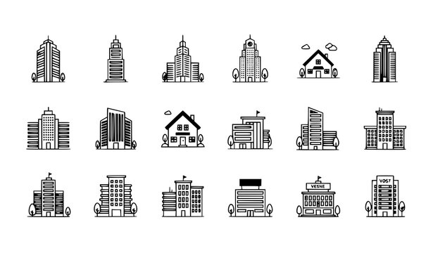 Modern architectural building icon set with editable stroke real estate and urban property symbols