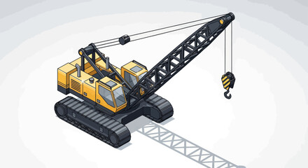 Yellow crawler crane with extended boom and hook on white background. © Niat