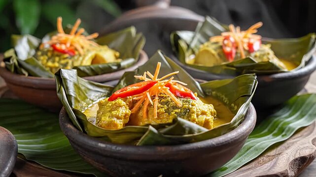 Traditional Indonesian yellow curry served in banana leaf bowls