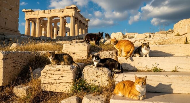 Cats Roaming Ancient Ruins of Acropolis in Athens Greece Under Golden Sunlight.