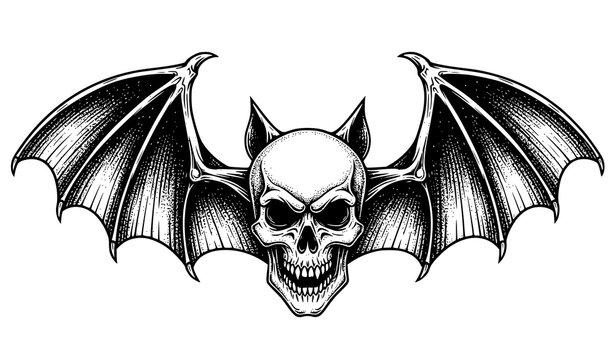 Vintage Gothic Skull with Bat Wings Woodcut Engraving Horror Tattoo Vector Illustration