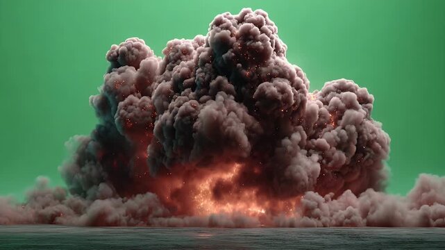 Massive fiery explosion creates towering column of dense dark smoke and fiery debris on a concrete ground against a bright green screen background for cinematic special effects footage.