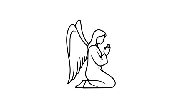 Kneeling Angel Praying Outline Silhouette Spiritual Religious Line Art Vector Illustration