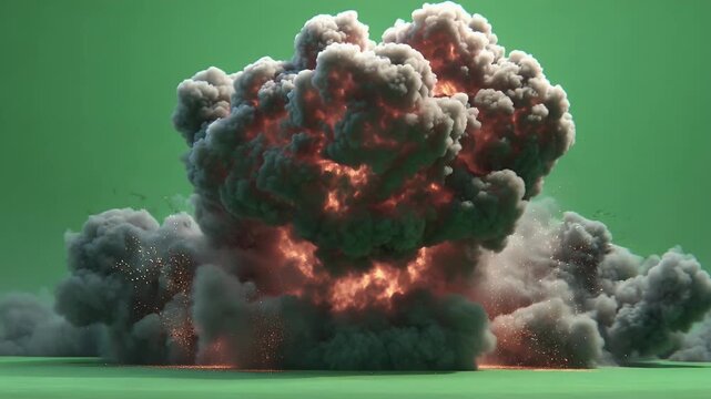 Explosion of dense grey smoke and bright orange fire on green screen background shows realistic cinematic blast effect for visual productions involving massive combustion and heat propagation.