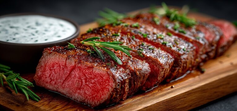 Juicy tri‑tip steak, seasoned and grilled with herbs, is presented on a wooden board with sauces, making it suitable for culinary, barbecue, and recipe use