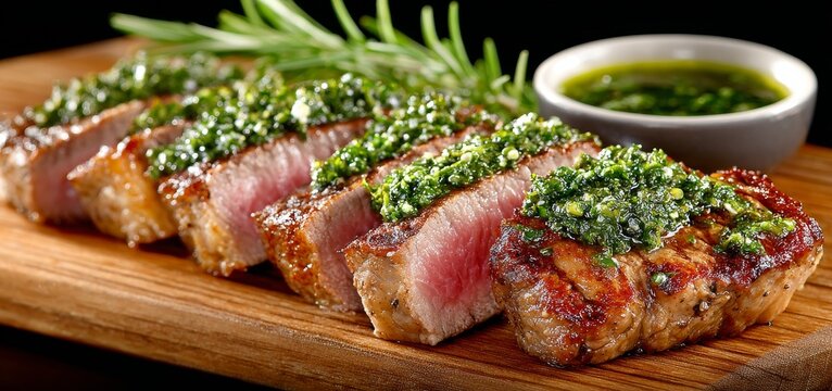 Sliced tri‑tip steak, seasoned with herbs and grilled, rests on a wooden board accompanied by sauces, perfect for culinary, BBQ, and recipe material