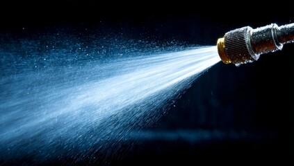 Naklejka premium A high‑pressure nozzle sprays a fine water mist in a dynamic cleaning motion, delivering a strong jet for accurate industrial fluid use on a dark background, while the water stream moves