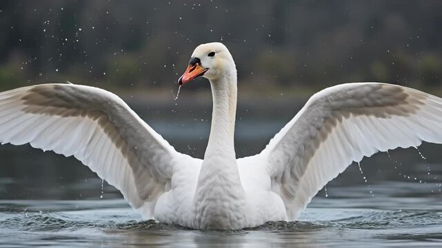 Graceful white swan spreading wings in lake water, elegant mute swan flapping wings with water splashes, majestic waterfowl in natural pond habitat