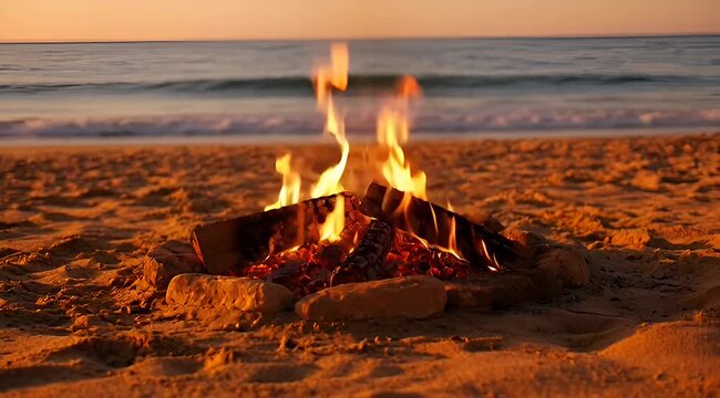 Atmospheric beach bonfire at sunset, glowing campfire on sandy shore with ocean waves, warm orange flames burning on tropical coastline