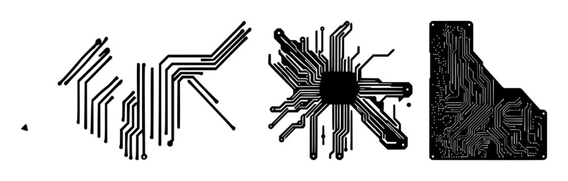 Circuit board set with bold black silhouette on white background featuring electronics, technology, design with clean lines and schematic patterns