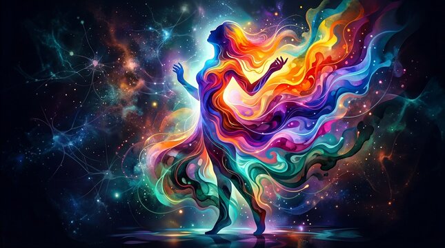 A vibrant, swirling figure with flowing, colorful hair dances against a cosmic, starry background, blending abstract art with a celestial theme.