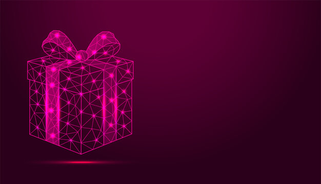 Low poly wireframe gift box with bow on dark background.