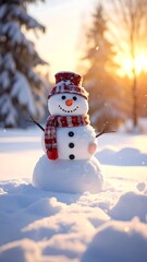 Obraz premium A snowman in a winter landscape with trees and sunset (1)