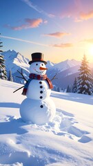 Obraz premium A snowman in a winter landscape with mountains and trees (2)