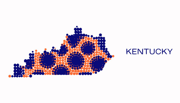 Map of Kentucky in blue and orange dots on white background