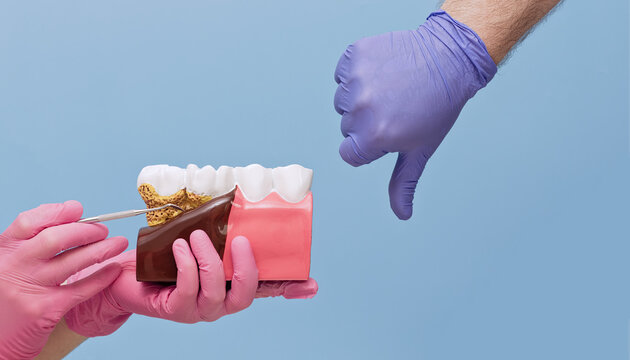 Bad oral hygiene concept. Dentist hands holding tooth model with periodontitis and showing thumbs down dislike gesture.