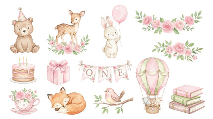 Cute pastel woodland animals and baby themed elements with flowers, balloons and gifts in soft watercolor style for nursery design. Collection of Vector illustrations. Perfect for invitation, card