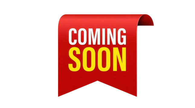 A red coming soon ribbon banner on transparent background