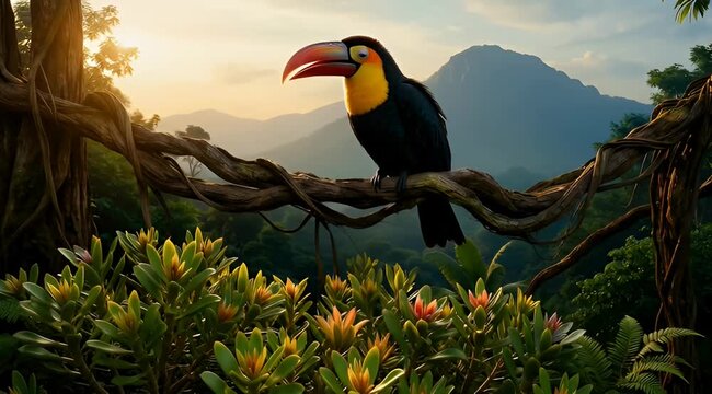 Toco toucan perched on a jungle vine at sunset, tropical bird in rainforest canopy, exotic wildlife in lush green mountain landscape