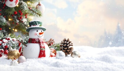 Obraz premium A snowman in winter scenery with tree and decorations