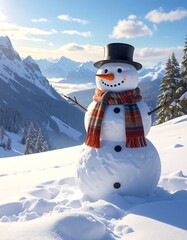 Obraz premium A snowman wearing a hat and scarf in a snowy mountain landscape