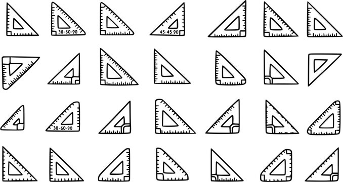 Education and Geometry Tools Black and White Line Art. Hand-drawn Set Squares and Rulers for School, Math, Drafting, and Design.