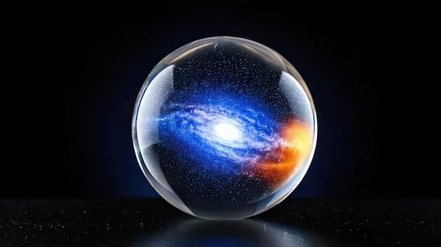 A transparent sphere encases a swirling galaxy, with blue, orange, and white hues. Dark backdrop