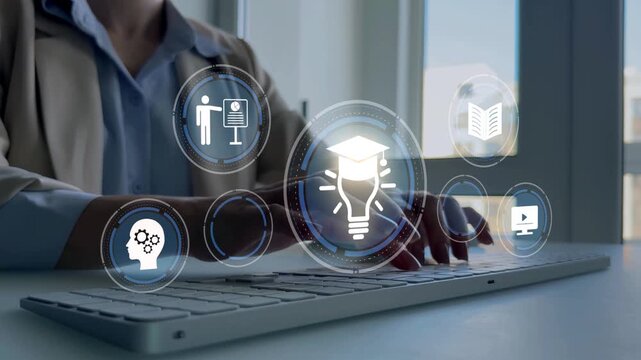 Online lessons on a digital technology screen.Digital internet lessons and online webinar on virtual screen.E-learning education.Education internet Technology.	
