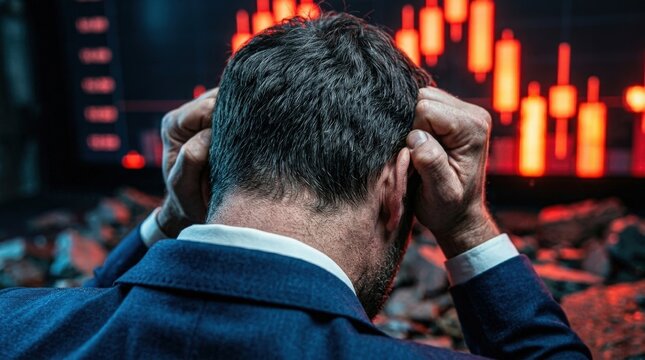 Close up stressed trader reacting to stock market loss with red chart background
