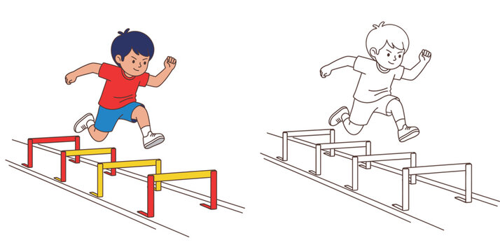 Little Boy Athlete Jumping Over Hurdles on Track Field Illustration Set with Colored and Line Art Version for Kids Coloring Page Sports Activity and Physical Education Concept