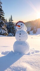 Obraz premium A snowman wearing a hat and scarf stands in a snowy landscape (1)