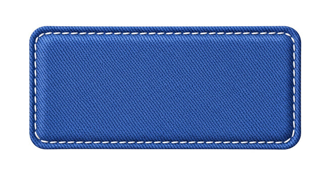 Blue denim patch with white stitching on transparent background.