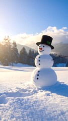 Fototapeta premium A snowman wearing a hat stands in a snowy landscape with mountains