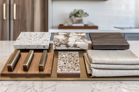 Curated kitchen design material board with countertop samples, hardware finishes, fabric swatches and folded textiles