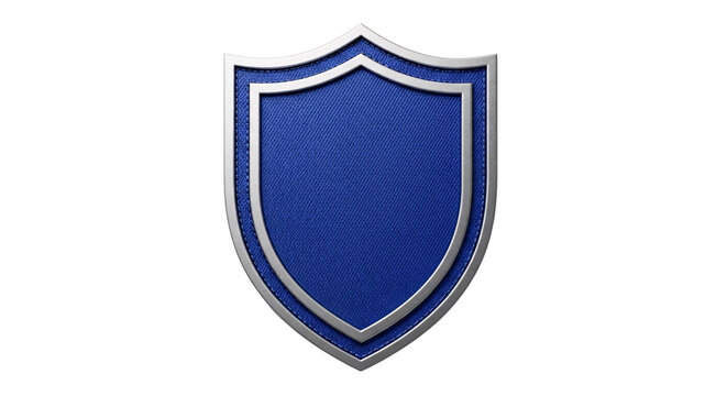 Blue shield with silver border isolated on transparent background.