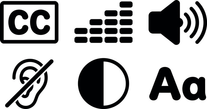 Black and white accessibility icons set closed captions volume brightness and text settings